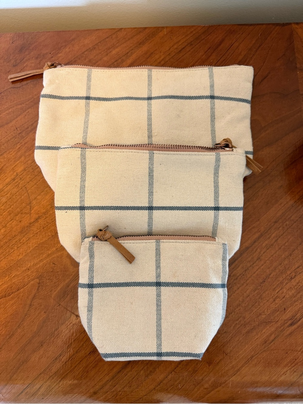 Magnolia Cream and Blue Check Canvas Cosmetic Pouch Set